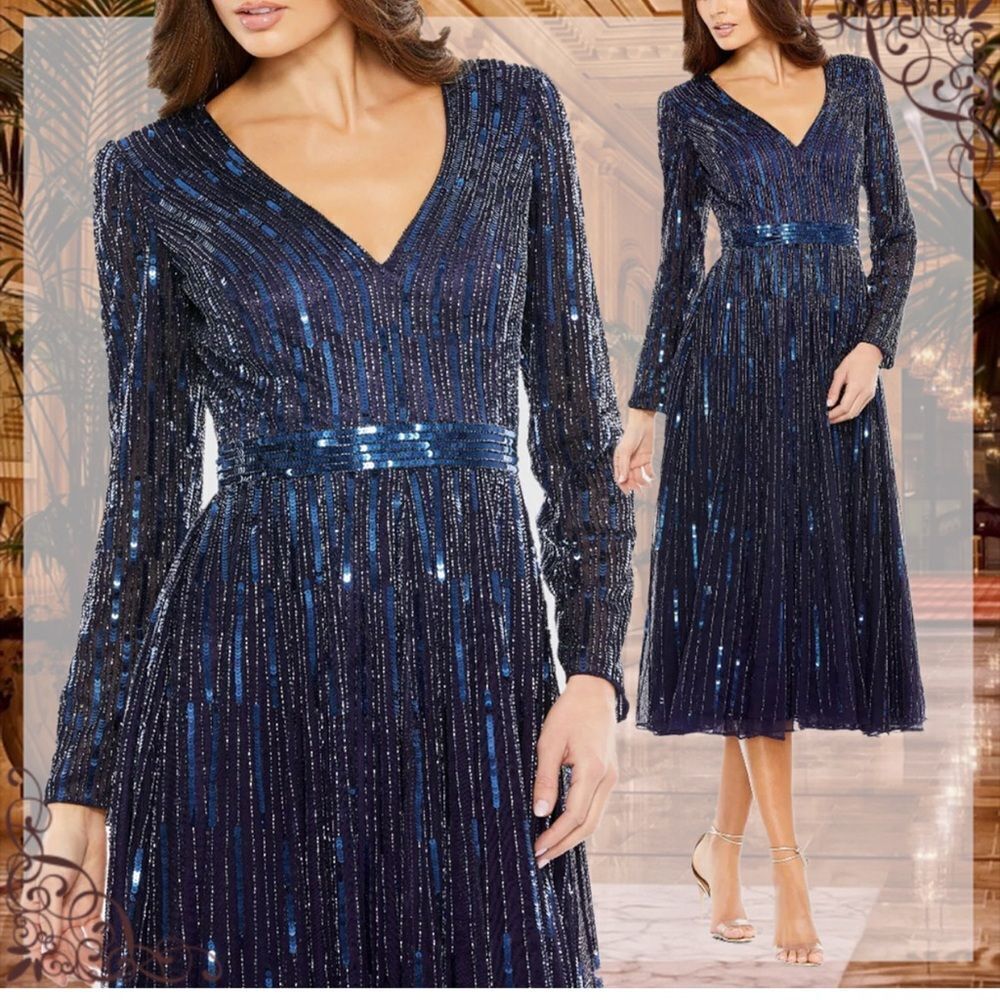 Mac Duggal Midnight Blue Sequin Long Sleeve Dress Size 12
